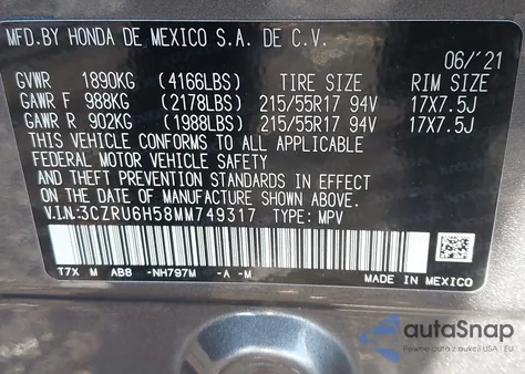 2021 Honda Hr-V Awd Ex from USA, damaged, VIN 3CZRU6H58MM749317